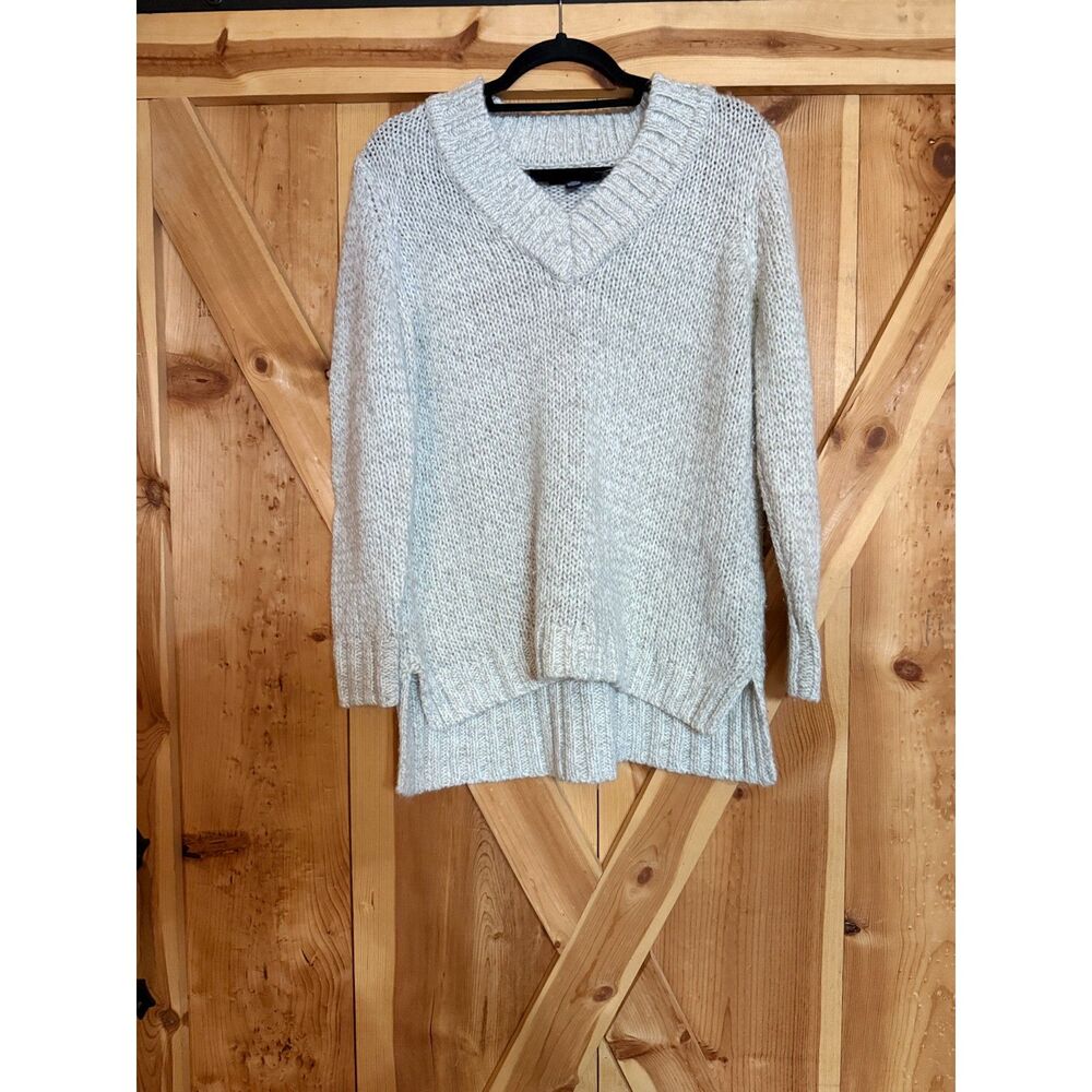 Chaps White Silver Metallic Sparkly Cable Knit V Neck Sweater Womens Large Prep
